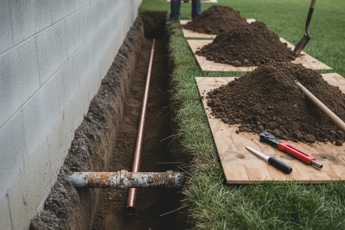 Excavated water line trench during Water Heater Repair in Elkville